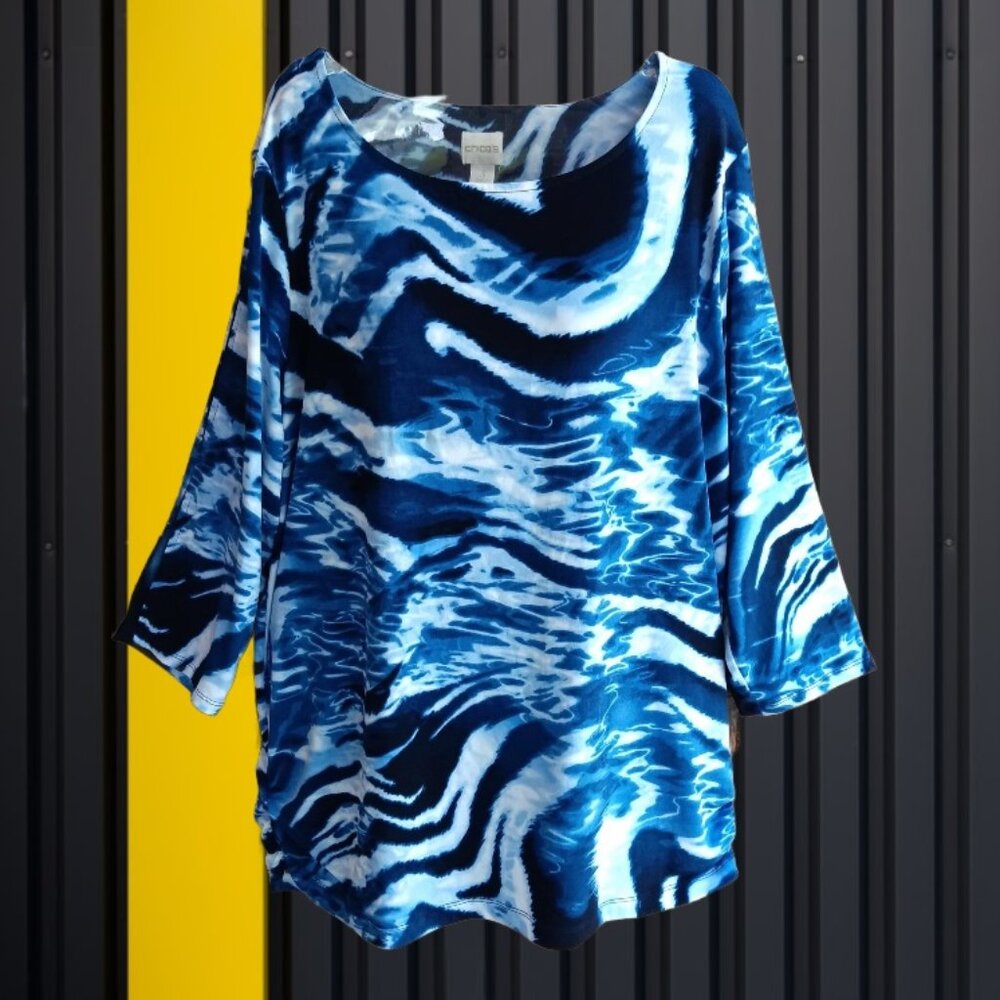 Chico's Womens Top Blouse 3/4 Open Sleeves Blue Tie Dye Size L (16-18)